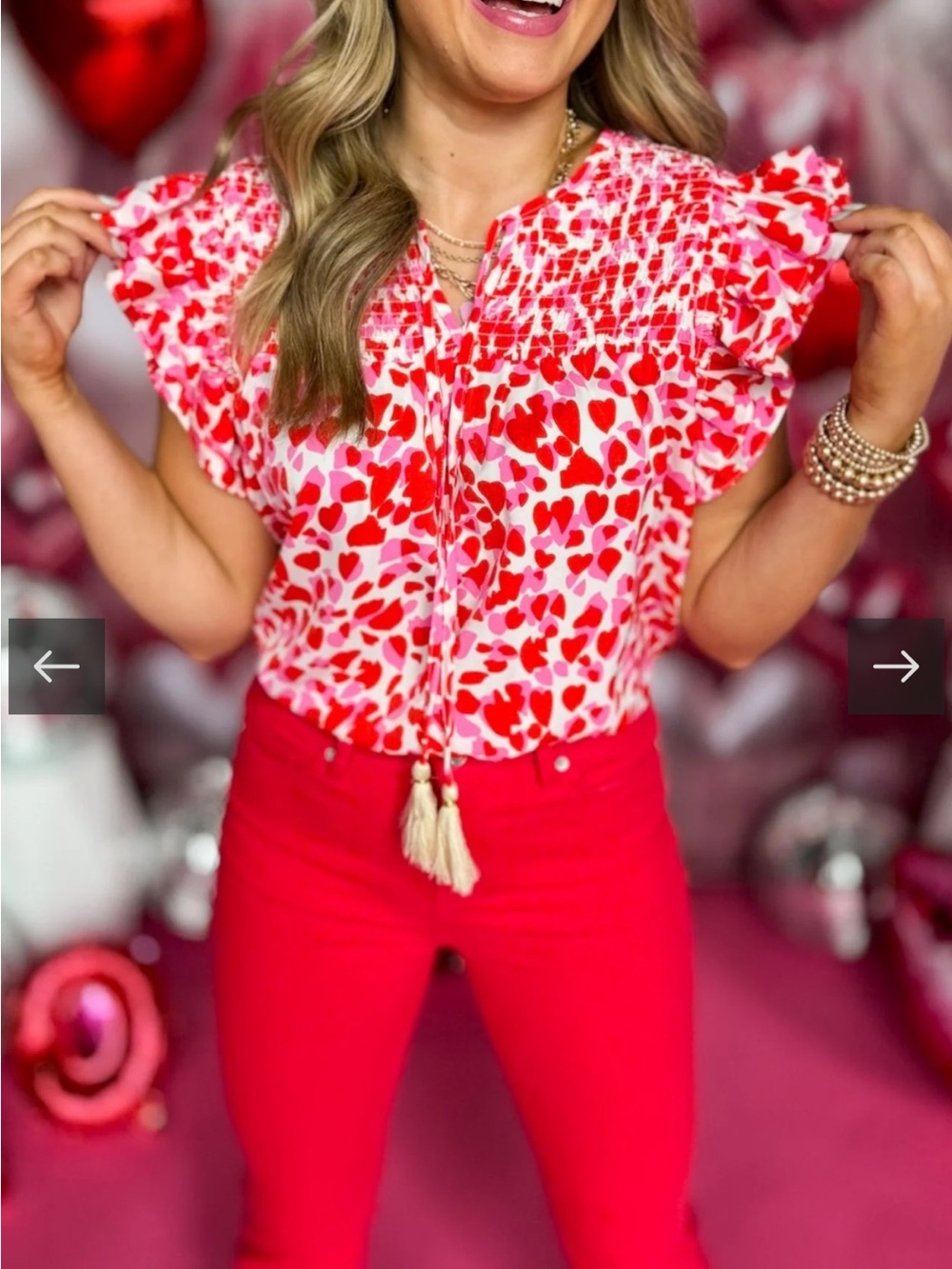 AVARA THML Women’s Red & Pink Heart Print Ruffle Sleeve Tassel Blouse XL